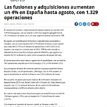 Las fusiones y adquisiciones aumentan un 4% en Espaa hasta agosto, con 1.329 operaciones